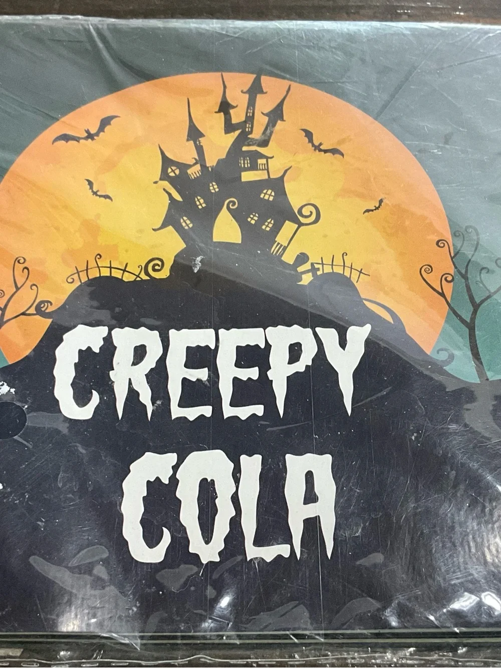 Lot of 2 Halloween Decorations Vinyl Tablecloth Creepy Cola Wrappers NOS